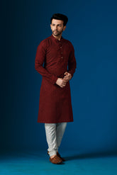 Ensemble pyjama Kurta imprimé en coton rouge rustique pour homme